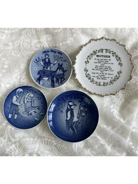 Vintage Mothers Poem Plate 8 Lace Edge Plus 3 Blue White Plates Grandmacore